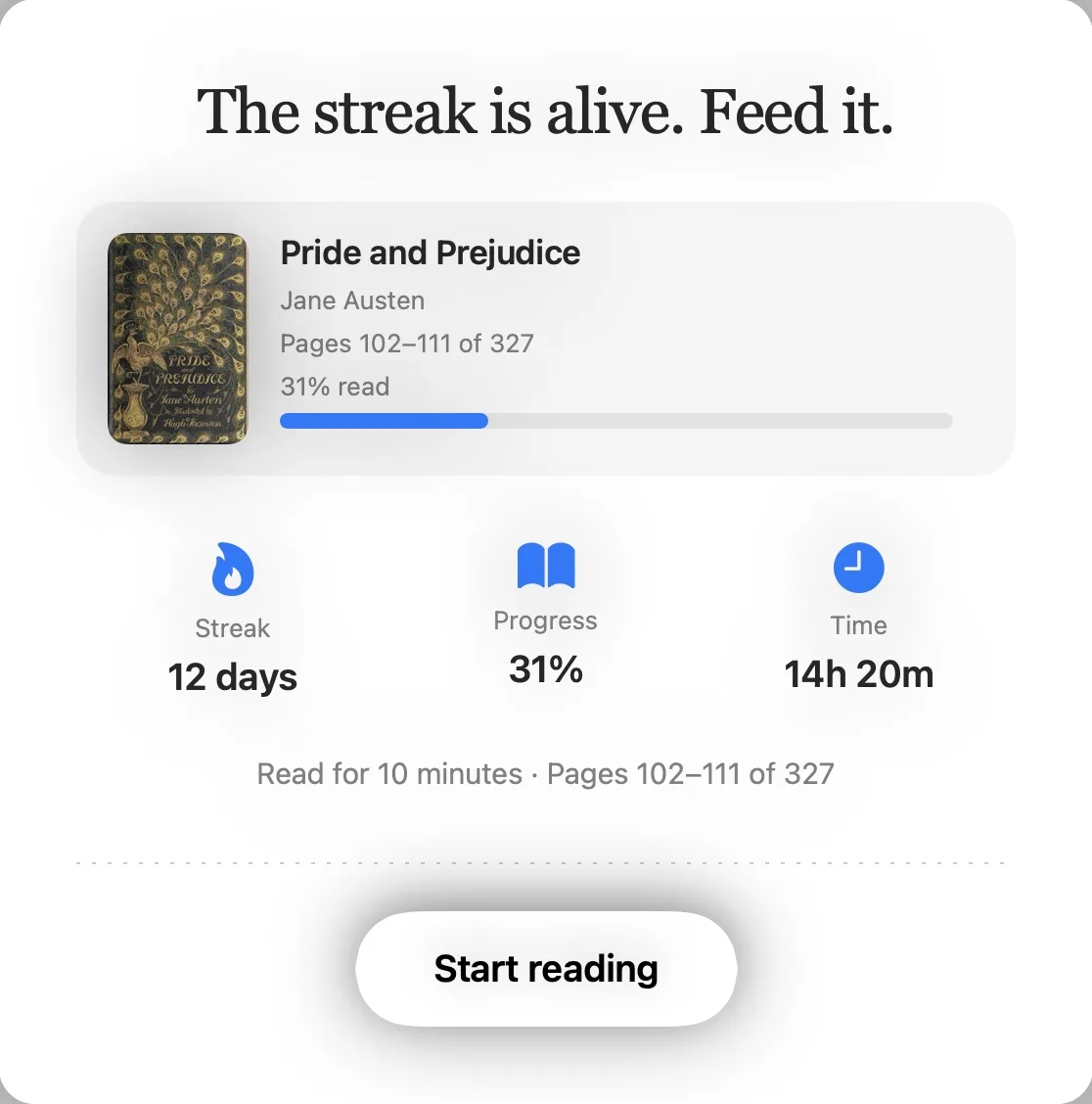 Booksie's session card: a greeting, the book you're reading, and your streak, progress and time, over a Start reading button.
