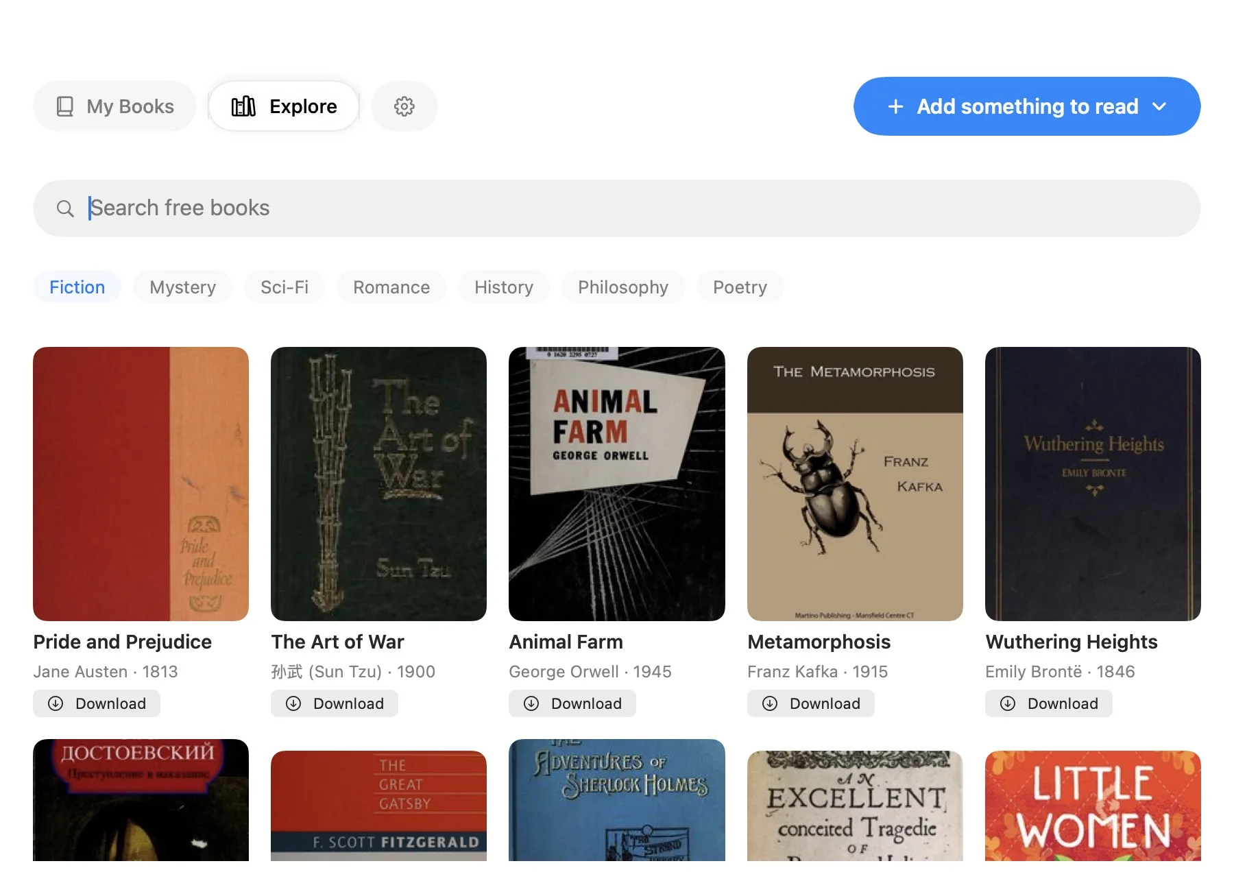 Explore: a search bar, category tags and a row of book covers, each with a Download button.