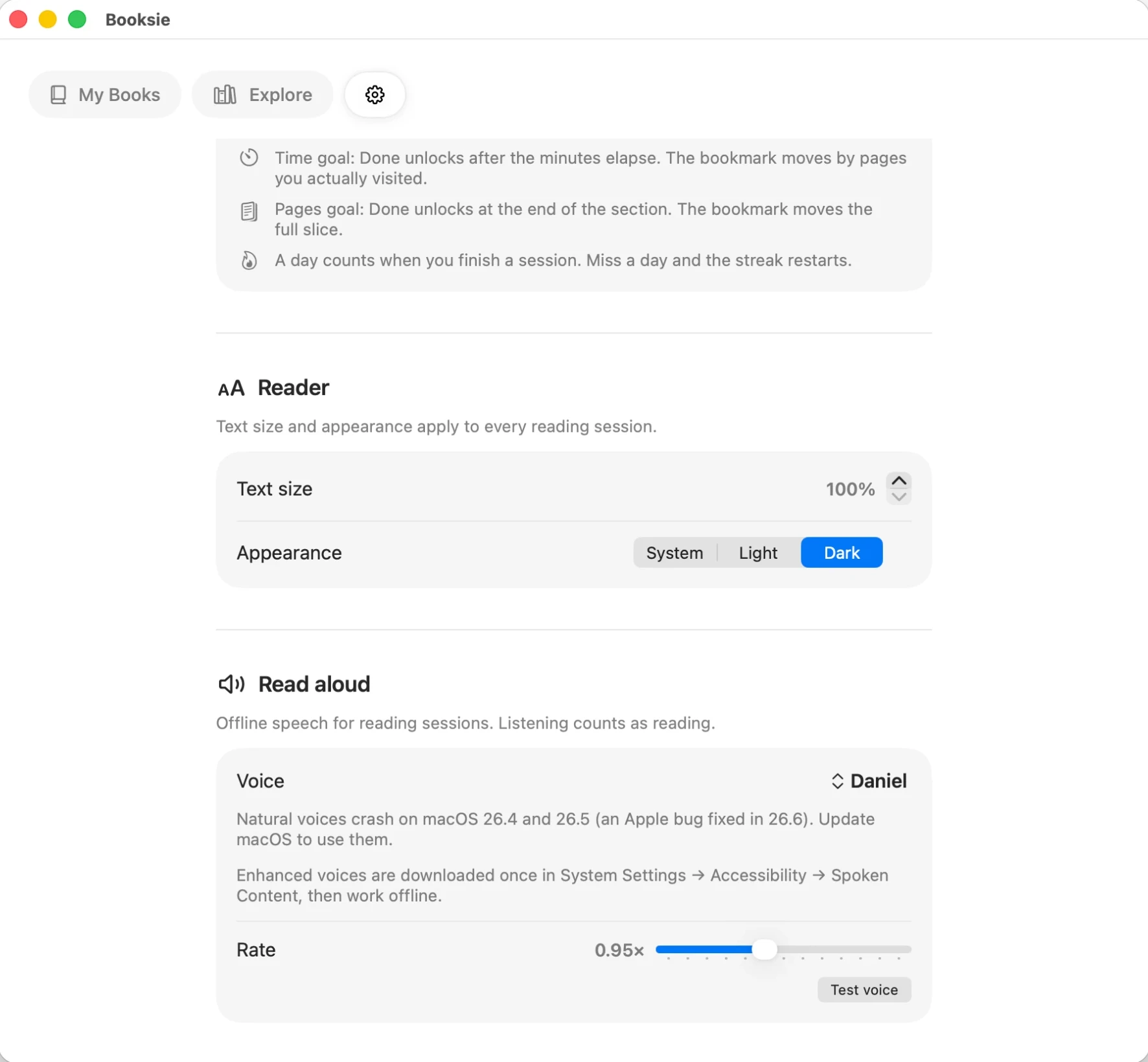 Booksie's Settings screen showing the Reader and Read aloud sections: text size, appearance, voice and speaking rate.