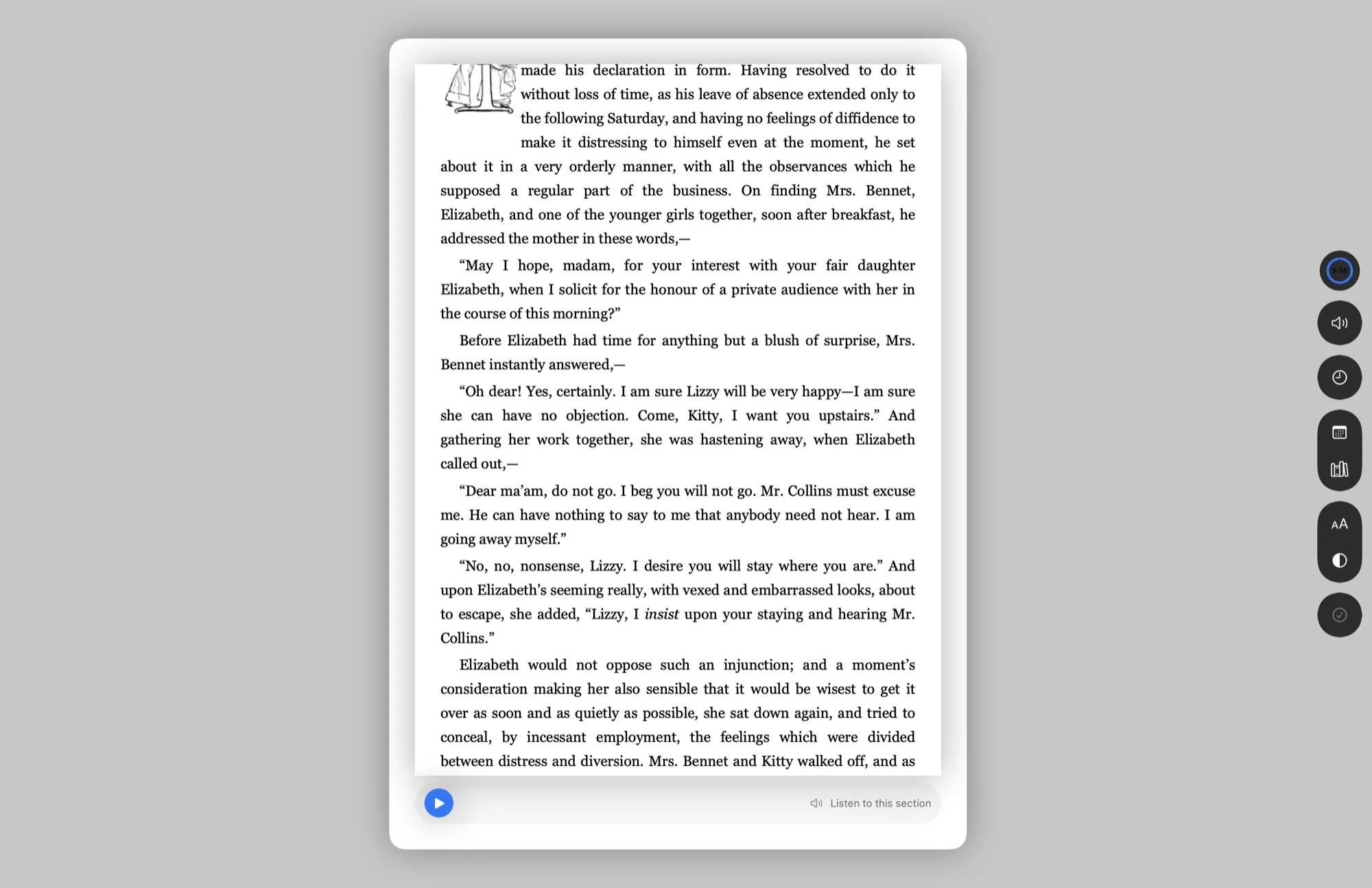 The reading screen: a chapter of Pride and Prejudice with a listen button below and a rail of controls on the right edge.