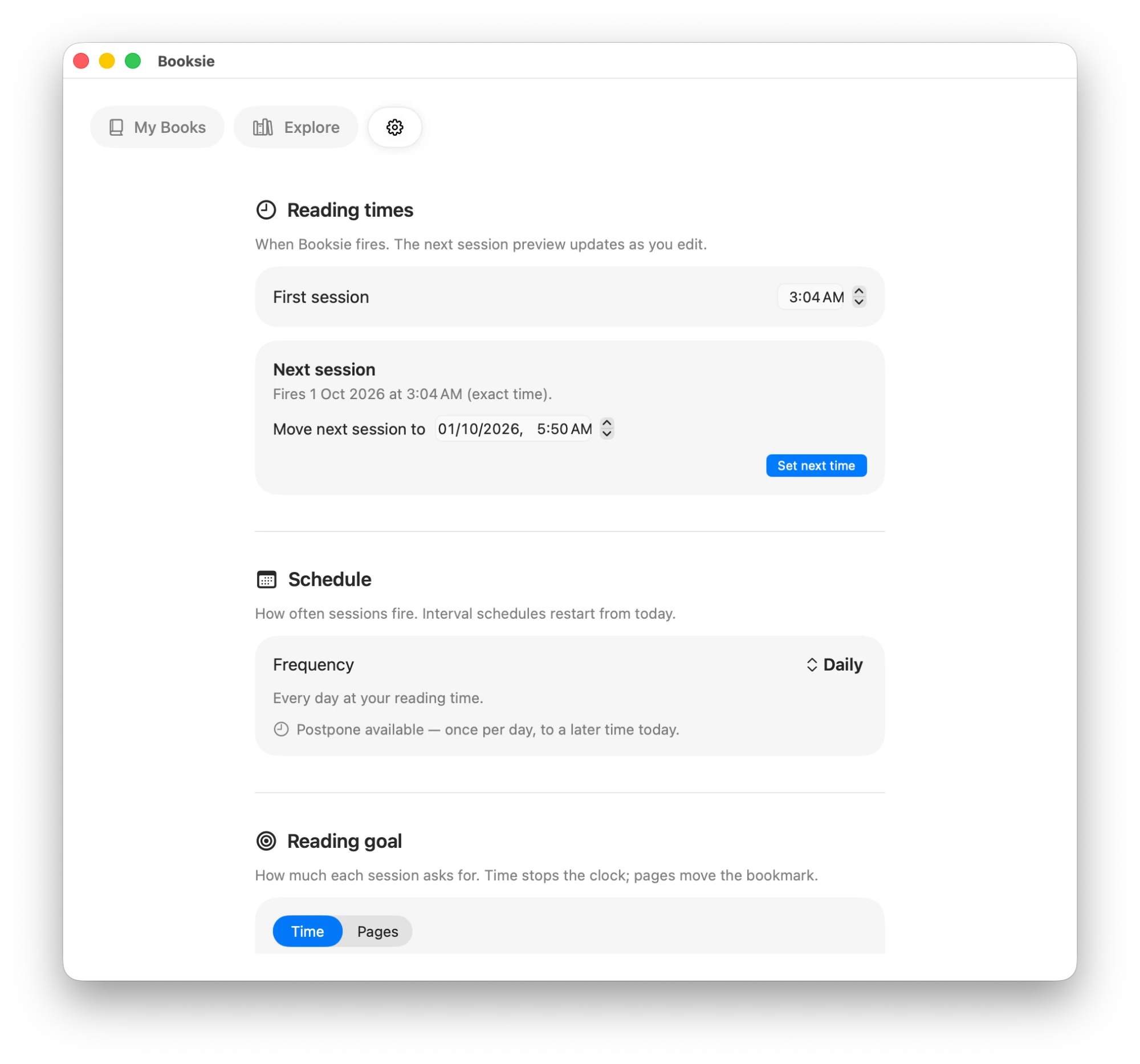 Booksie's Settings screen: reading times, the next session, schedule frequency and the reading goal.